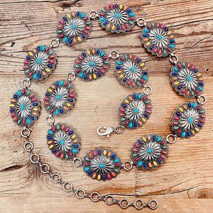 Turquoise Multi Natural Stone Antique Metal Squash Blossom Boho Westen Link Belt